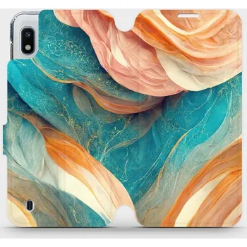 Pouzdro na mobilní telefon Flipové pouzdro Mobiwear - Samsung Galaxy A10 - VP36S Azurový a oranžový mramor (Knížkové flip pouzdro, obal, kryt na mobil Samsung Galaxy A10 - VP36S Azurový a oranžový mramor, materiál Umělá kůže + TPU - ochrana 360°, stojánek, silikonová vanička,)