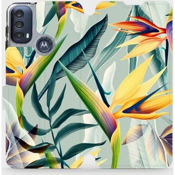 Pouzdro na mobilní telefon Flipové pouzdro Mobiwear - Motorola Moto E40 - MC02S Žluté velké květy a zelené listy (Knížkové flip pouzdro, obal, kryt na mobil Motorola Moto E40 - MC02S Žluté velké květy a zelené listy, materiál Umělá kůže + TPU - ochrana 360°, stojánek, silikonová)