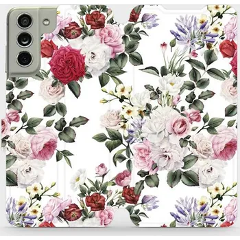 Pouzdro na mobilní telefon Flipové pouzdro Mobiwear - Samsung Galaxy S21 FE - MD01S Růže na bílé (Knížkové flip pouzdro, obal, kryt na mobil Samsung Galaxy S21 FE - MD01S Růže na bílé, materiál Umělá kůže + TPU - ochrana 360°, stojánek, silikonová vanička, magnetické zavírání)