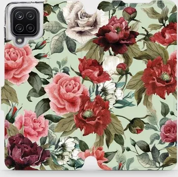 Pouzdro na mobilní telefon Flipové pouzdro Mobiwear - Samsung Galaxy A12 - MD06P Růže a květy na světle zeleném pozadí (Knížkové flip pouzdro, obal, kryt na mobil Samsung Galaxy A12 - MD06P Růže a květy na světle zeleném pozadí, materiál Umělá kůže + TPU - ochrana 360°, stojánek,)