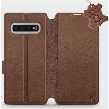 Pouzdro na mobilní telefon Kožené flip pouzdro Mobiwear - Samsung Galaxy S10 Plus - Hnědé (Kožené knížkové pouzdro, obal, kryt na mobil Samsung Galaxy S10 Plus, Hnědé, materiál Genuine Leather, ochrana 360°, stojánek, silikonová vanička, magnetické zavírání)