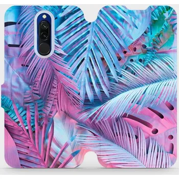 Pouzdro na mobilní telefon Flipové pouzdro Mobiwear - Xiaomi Redmi 8 - MG10S Fialové a modré listy (Knížkové flip pouzdro, obal, kryt na mobil Xiaomi Redmi 8 - MG10S Fialové a modré listy, materiál Umělá kůže + TPU - ochrana 360°, stojánek, silikonová vanička, magnetické zavírání)
