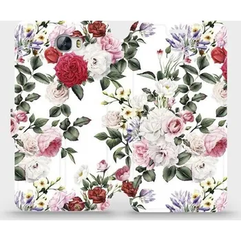 Pouzdro na mobilní telefon Flipové pouzdro Mobiwear - Huawei Y6 II Compact - MD01S Růže na bílé (Knížkové flip pouzdro, obal, kryt na mobil Huawei Y6 II Compact - MD01S Růže na bílé, materiál Umělá kůže + TPU - ochrana 360°, stojánek, silikonová vanička, magnetické zavírání)