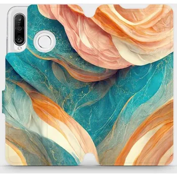 Pouzdro na mobilní telefon Flipové pouzdro Mobiwear - Huawei P30 Lite - VP36S Azurový a oranžový mramor (Knížkové flip pouzdro, obal, kryt na mobil Huawei P30 Lite - VP36S Azurový a oranžový mramor, materiál Umělá kůže + TPU - ochrana 360°, stojánek, silikonová vanička, magnetické)