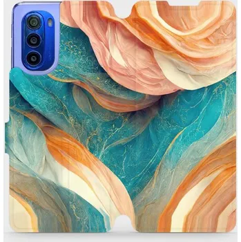 Pouzdro na mobilní telefon Flipové pouzdro Mobiwear - Motorola Moto G51 5G - VP36S Azurový a oranžový mramor (Knížkové flip pouzdro, obal, kryt na mobil Motorola Moto G51 5G - VP36S Azurový a oranžový mramor, materiál Umělá kůže + TPU - ochrana 360°, stojánek, silikonová vanička,)