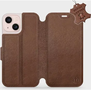 Pouzdro na mobilní telefon Kožené flip pouzdro Mobiwear - Apple iPhone 13 Mini - Hnědé (Kožené knížkové pouzdro, obal, kryt na mobil Apple iPhone 13 Mini, Hnědé, materiál Genuine Leather, ochrana 360°, stojánek, silikonová vanička, magnetické zavírání)