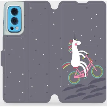 Pouzdro na mobilní telefon Flipové pouzdro Mobiwear - OnePlus Nord 2 5G - V024P Jednorožec na kole (Knížkové flip pouzdro, obal, kryt na mobil OnePlus Nord 2 5G - V024P Jednorožec na kole, materiál Umělá kůže + TPU - ochrana 360°, stojánek, silikonová vanička, magnetické zavírání)