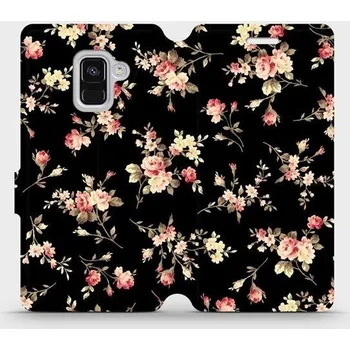 Pouzdro na mobilní telefon Flipové pouzdro Mobiwear - Samsung Galaxy A8 2018 - VD02S Květy na černé (Knížkové flip pouzdro, obal, kryt na mobil Samsung Galaxy A8 2018 - VD02S Květy na černé, materiál Umělá kůže + TPU - ochrana 360°, stojánek, silikonová vanička, magnetické zavírání