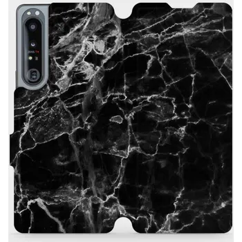 Pouzdro na mobilní telefon Flipové pouzdro Mobiwear - Sony Xperia 1 IV - V056P Černý mramor (Knížkové flip pouzdro, obal, kryt na mobil Sony Xperia 1 IV - V056P Černý mramor, materiál Umělá kůže + TPU - ochrana 360°, stojánek, silikonová vanička, magnetické zavírání)