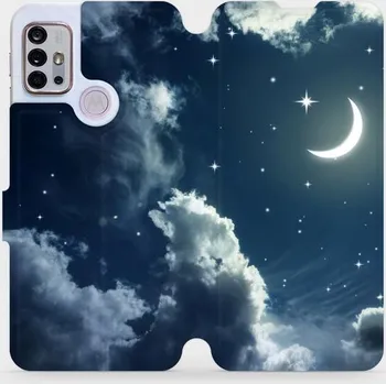 Pouzdro na mobilní telefon Flipové pouzdro Mobiwear - Motorola Moto G10 - V145P Noční obloha s měsícem (Knížkové flip pouzdro, obal, kryt na mobil Motorola Moto G10 - V145P Noční obloha s měsícem, materiál Umělá kůže + TPU - ochrana 360°, stojánek, silikonová vanička, magnetické)