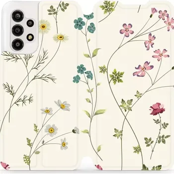 Pouzdro na mobilní telefon Flipové pouzdro Mobiwear - Samsung Galaxy A13 - MD03S Tenké rostlinky s květy (Knížkové flip pouzdro, obal, kryt na mobil Samsung Galaxy A13 - MD03S Tenké rostlinky s květy, materiál Umělá kůže + TPU - ochrana 360°, stojánek, silikonová vanička, magnetick