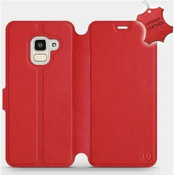Kožené flip pouzdro Mobiwear - Samsung Galaxy J6 2018 - Červené (Kožené knížkové pouzdro, obal, kryt na mobil Samsung Galaxy J6 2018, Červené, materiál Genuine Leather, ochrana 360°, stojánek, silikonová vanička, magnetické zavírání)