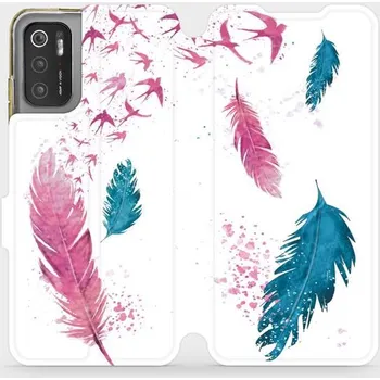 Pouzdro na mobilní telefon Flipové pouzdro Mobiwear - Xiaomi Poco M3 Pro 5G - MR08S Pírka (Knížkové flip pouzdro, obal, kryt na mobil Xiaomi Poco M3 Pro 5G - MR08S Pírka, materiál Umělá kůže + TPU - ochrana 360°, stojánek, silikonová vanička, magnetické zavírání)