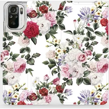 Pouzdro na mobilní telefon Flipové pouzdro Mobiwear - Xiaomi Redmi Note 10S - MD01S Růže na bílé (Knížkové flip pouzdro, obal, kryt na mobil Xiaomi Redmi Note 10S - MD01S Růže na bílé, materiál Umělá kůže + TPU - ochrana 360°, stojánek, silikonová vanička, magnetické zavírání)