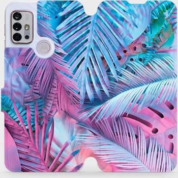 Pouzdro na mobilní telefon Flipové pouzdro Mobiwear - Motorola Moto G10 - MG10S Fialové a modré listy (Knížkové flip pouzdro, obal, kryt na mobil Motorola Moto G10 - MG10S Fialové a modré listy, materiál Umělá kůže + TPU - ochrana 360°, stojánek, silikonová vanička, magnetické)