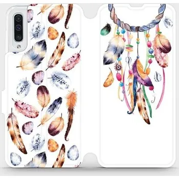 Pouzdro na mobilní telefon Flipové pouzdro Mobiwear - Samsung Galaxy A50 - M003S Lapač a barevná pírka (Knížkové flip pouzdro, obal, kryt na mobil Samsung Galaxy A50 - M003S Lapač a barevná pírka, materiál Umělá kůže + TPU - ochrana 360°, stojánek, silikonová vanička, magnetické)
