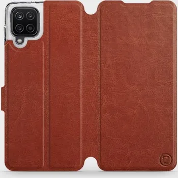 Pouzdro na mobilní telefon Flipové pouzdro Mobiwear - Samsung Galaxy A12 - Hnědé a šedé (Knížkové flip pouzdro, obal, kryt na mobil Samsung Galaxy A12 - Hnědé a šedé, materiál Umělá kůže + TPU - ochrana 360°, stojánek, silikonová vanička, magnetické zavírání)