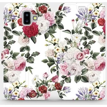 Pouzdro na mobilní telefon Flipové pouzdro Mobiwear - Samsung Galaxy J6 Plus 2018 - MD01S Růže na bílé (Knížkové flip pouzdro, obal, kryt na mobil Samsung Galaxy J6 Plus 2018 - MD01S Růže na bílé, materiál Umělá kůže + TPU - ochrana 360°, stojánek, silikonová vanička, magnetické)