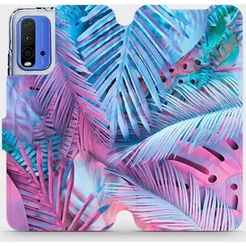 Pouzdro na mobilní telefon Flipové pouzdro Mobiwear - Xiaomi Redmi 9T - MG10S Fialové a modré listy (Knížkové flip pouzdro, obal, kryt na mobil Xiaomi Redmi 9T - MG10S Fialové a modré listy, materiál Umělá kůže + TPU - ochrana 360°, stojánek, silikonová vanička, magnetické zavírání