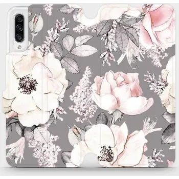 Pouzdro na mobilní telefon Flipové pouzdro Mobiwear - Samsung Galaxy A30s - MX06S Květy na šedém pozadí (Knížkové flip pouzdro, obal, kryt na mobil Samsung Galaxy A30s - MX06S Květy na šedém pozadí, materiál Umělá kůže + TPU - ochrana 360°, stojánek, silikonová vanička, magnetické)