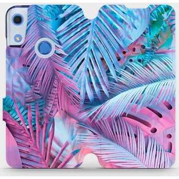 Pouzdro na mobilní telefon Flipové pouzdro Mobiwear - Huawei Y6S / Honor 8A - MG10S Fialové a modré listy (Knížkové flip pouzdro, obal, kryt na mobil Huawei Y6S / Honor 8A - MG10S Fialové a modré listy, materiál Umělá kůže + TPU - ochrana 360°, stojánek, silikonová vanička,)