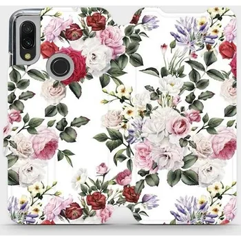 Pouzdro na mobilní telefon Flipové pouzdro Mobiwear - Xiaomi Redmi 7 - MD01S Růže na bílé (Knížkové flip pouzdro, obal, kryt na mobil Xiaomi Redmi 7 - MD01S Růže na bílé, materiál Umělá kůže + TPU - ochrana 360°, stojánek, silikonová vanička, magnetické zavírání)
