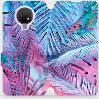 Pouzdro na mobilní telefon Flipové pouzdro Mobiwear - Nokia G10 - MG10S Fialové a modré listy (Knížkové flip pouzdro, obal, kryt na mobil Nokia G10 - MG10S Fialové a modré listy, materiál Umělá kůže + TPU - ochrana 360°, stojánek, silikonová vanička, magnetické zavírání)