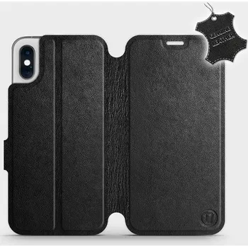 Kožené flip pouzdro Mobiwear - Apple iPhone XS - Černé (Kožené knížkové pouzdro, obal, kryt na mobil Apple iPhone XS, Černé, materiál Genuine Leather, ochrana 360°, stojánek, silikonová vanička, magnetické zavírání)