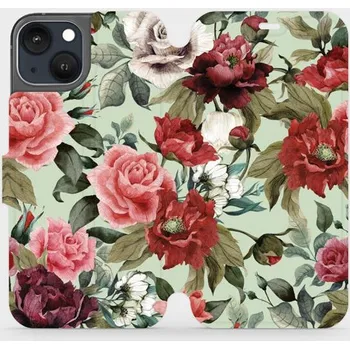 Pouzdro na mobilní telefon Flipové pouzdro Mobiwear - Apple iPhone 13 - MD06P Růže a květy na světle zeleném pozadí (Knížkové flip pouzdro, obal, kryt na mobil Apple iPhone 13 - MD06P Růže a květy na světle zeleném pozadí, materiál Umělá kůže + TPU - ochrana 360°, stojánek,)