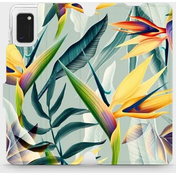 Pouzdro na mobilní telefon Flipové pouzdro Mobiwear - Samsung Galaxy A41 - MC02S Žluté velké květy a zelené listy (Knížkové flip pouzdro, obal, kryt na mobil Samsung Galaxy A41 - MC02S Žluté velké květy a zelené listy, materiál Umělá kůže + TPU - ochrana 360°, stojánek, silikonová)
