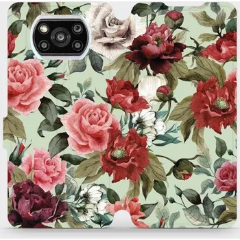 Pouzdro na mobilní telefon Flipové pouzdro Mobiwear - Xiaomi Poco X3 Pro - MD06P Růže a květy na světle zeleném pozadí (Knížkové flip pouzdro, obal, kryt na mobil Xiaomi Poco X3 Pro - MD06P Růže a květy na světle zeleném pozadí, materiál Umělá kůže + TPU - ochrana 360°, stojánek,)