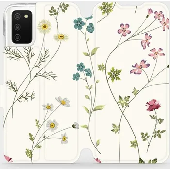 Pouzdro na mobilní telefon Flipové pouzdro Mobiwear - Samsung Galaxy A03s - MD03S Tenké rostlinky s květy (Knížkové flip pouzdro, obal, kryt na mobil Samsung Galaxy A03s - MD03S Tenké rostlinky s květy, materiál Umělá kůže + TPU - ochrana 360°, stojánek, silikonová vanička,)