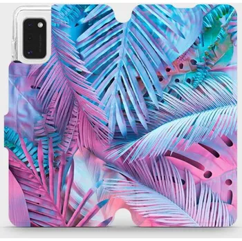Pouzdro na mobilní telefon Flipové pouzdro Mobiwear - Samsung Galaxy A41 - MG10S Fialové a modré listy (Knížkové flip pouzdro, obal, kryt na mobil Samsung Galaxy A41 - MG10S Fialové a modré listy, materiál Umělá kůže + TPU - ochrana 360°, stojánek, silikonová vanička, magnetické)