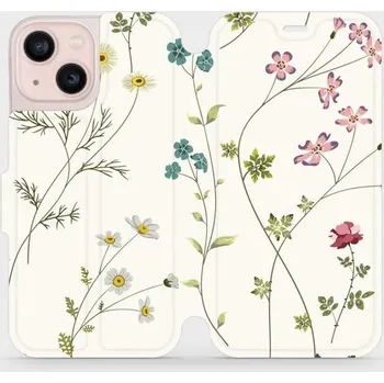 Pouzdro na mobilní telefon Flipové pouzdro Mobiwear - Apple iPhone 13 Mini - MD03S Tenké rostlinky s květy (Knížkové flip pouzdro, obal, kryt na mobil Apple iPhone 13 Mini - MD03S Tenké rostlinky s květy, materiál Umělá kůže + TPU - ochrana 360°, stojánek, silikonová vanička,)