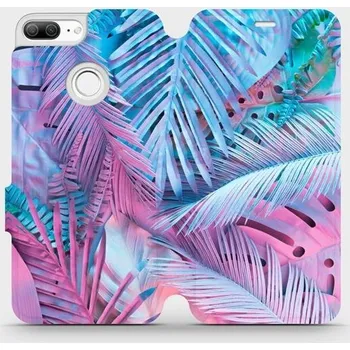 Pouzdro na mobilní telefon Flipové pouzdro Mobiwear - Honor 9 Lite - MG10S Fialové a modré listy (Knížkové flip pouzdro, obal, kryt na mobil Honor 9 Lite - MG10S Fialové a modré listy, materiál Umělá kůže + TPU - ochrana 360°, stojánek, silikonová vanička, magnetické zavírání)