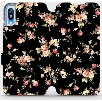 Pouzdro na mobilní telefon Flipové pouzdro Mobiwear - Huawei Y6 2019 - VD02S Květy na černé (Knížkové flip pouzdro, obal, kryt na mobil Huawei Y6 2019 - VD02S Květy na černé, materiál Umělá kůže + TPU - ochrana 360°, stojánek, silikonová vanička, magnetické zavírání)