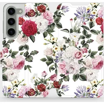 Pouzdro na mobilní telefon Flipové pouzdro Mobiwear - Samsung Galaxy S23 - MD01S Růže na bílé (Knížkové flip pouzdro, obal, kryt na mobil Samsung Galaxy S23 - MD01S Růže na bílé, materiál Umělá kůže + TPU - ochrana 360°, stojánek, silikonová vanička, magnetické zavírání)