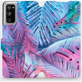 Pouzdro na mobilní telefon Flipové pouzdro Mobiwear - Samsung Galaxy S20 FE - MG10S Fialové a modré listy (Knížkové flip pouzdro, obal, kryt na mobil Samsung Galaxy S20 FE - MG10S Fialové a modré listy, materiál Umělá kůže + TPU - ochrana 360°, stojánek, silikonová vanička,)