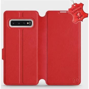 Pouzdro na mobilní telefon Kožené flip pouzdro Mobiwear - Samsung Galaxy S10 - Červené (Kožené knížkové pouzdro, obal, kryt na mobil Samsung Galaxy S10, Červené, materiál Genuine Leather, ochrana 360°, stojánek, silikonová vanička, magnetické zavírání)