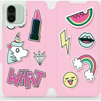 Pouzdro na mobilní telefon Flipové pouzdro Mobiwear - Xiaomi Redmi A1 - M129S Růžové WHAT (Knížkové flip pouzdro, obal, kryt na mobil Xiaomi Redmi A1 - M129S Růžové WHAT, materiál Umělá kůže + TPU - ochrana 360°, stojánek, silikonová vanička, magnetické zavírání)