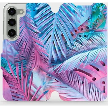 Pouzdro na mobilní telefon Flipové pouzdro Mobiwear - Samsung Galaxy S23 - MG10S Fialové a modré listy (Knížkové flip pouzdro, obal, kryt na mobil Samsung Galaxy S23 - MG10S Fialové a modré listy, materiál Umělá kůže + TPU - ochrana 360°, stojánek, silikonová vanička, magnetické)