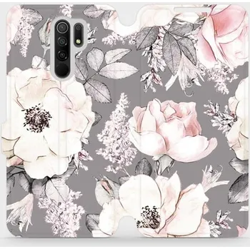 Pouzdro na mobilní telefon Flipové pouzdro Mobiwear - Xiaomi Redmi 9 - MX06S Květy na šedém pozadí (Knížkové flip pouzdro, obal, kryt na mobil Xiaomi Redmi 9 - MX06S Květy na šedém pozadí, materiál Umělá kůže + TPU - ochrana 360°, stojánek, silikonová vanička, magnetické zavírání)