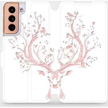 Pouzdro na mobilní telefon Flipové pouzdro Mobiwear - Samsung Galaxy S21 5G - M007S Růžový jelínek (Knížkové flip pouzdro, obal, kryt na mobil Samsung Galaxy S21 5G - M007S Růžový jelínek, materiál Umělá kůže + TPU - ochrana 360°, stojánek, silikonová vanička, magnetické zavírání)