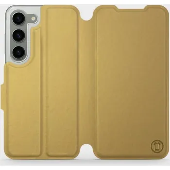 Pouzdro na mobilní telefon Flipové pouzdro Mobiwear - Samsung Galaxy S23 - Zlatavé a šedé (Knížkové flip pouzdro, obal, kryt na mobil Samsung Galaxy S23 - Zlatavé a šedé, materiál Umělá kůže + TPU - ochrana 360°, stojánek, silikonová vanička, magnetické zavírání)