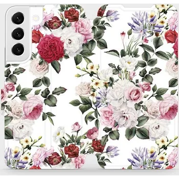 Pouzdro na mobilní telefon Flipové pouzdro Mobiwear - Samsung Galaxy S22 - MD01S Růže na bílé (Knížkové flip pouzdro, obal, kryt na mobil Samsung Galaxy S22 - MD01S Růže na bílé, materiál Umělá kůže + TPU - ochrana 360°, stojánek, silikonová vanička, magnetické zavírání)