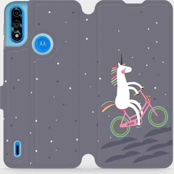 Pouzdro na mobilní telefon Flipové pouzdro Mobiwear - Motorola Moto E7 Power - V024P Jednorožec na kole (Knížkové flip pouzdro, obal, kryt na mobil Motorola Moto E7 Power - V024P Jednorožec na kole, materiál Umělá kůže + TPU - ochrana 360°, stojánek, silikonová vanička, magnetické)