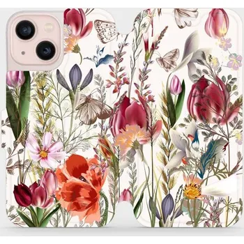 Pouzdro na mobilní telefon Flipové pouzdro Mobiwear - Apple iPhone 13 Mini - MP01S Rozkvetlá louka (Knížkové flip pouzdro, obal, kryt na mobil Apple iPhone 13 Mini - MP01S Rozkvetlá louka, materiál Umělá kůže + TPU - ochrana 360°, stojánek, silikonová vanička, magnetické zavírání)