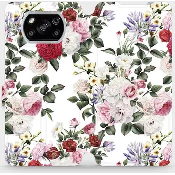 Pouzdro na mobilní telefon Flipové pouzdro Mobiwear - Xiaomi POCO X3 NFC - MD01S Růže na bílé (Knížkové flip pouzdro, obal, kryt na mobil Xiaomi POCO X3 NFC - MD01S Růže na bílé, materiál Umělá kůže + TPU - ochrana 360°, stojánek, silikonová vanička, magnetické zavírání)