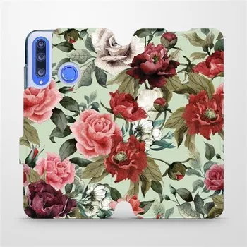 Pouzdro na mobilní telefon Flipové pouzdro Mobiwear - Honor 20 Lite - MD06P Růže a květy na světle zeleném pozadí (Knížkové flip pouzdro, obal, kryt na mobil Honor 20 Lite - MD06P Růže a květy na světle zeleném pozadí, materiál Umělá kůže + TPU - ochrana 360°, stojánek, silikonová)