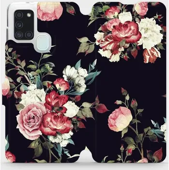 Pouzdro na mobilní telefon Flipové pouzdro Mobiwear - Samsung Galaxy A21S - VD11P Růže na černé (Knížkové flip pouzdro, obal, kryt na mobil Samsung Galaxy A21S - VD11P Růže na černé, materiál Umělá kůže + TPU - ochrana 360°, stojánek, silikonová vanička, magnetické zavírání)